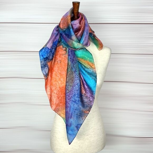 Silk Square Scarf by Lotus Watercolor Tie Dye 35" Blue Orange Green Hand Rolled - Picture 3 of 11